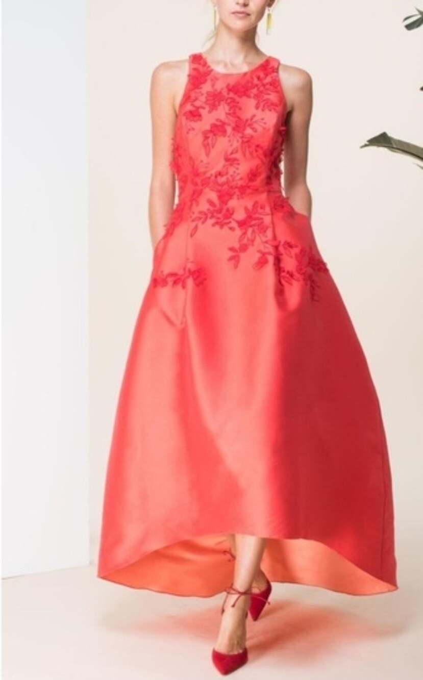 $1,500 Sachin & Babi Noir POURPURATA Coral Red Embroidered Evening Gown Dress 0
